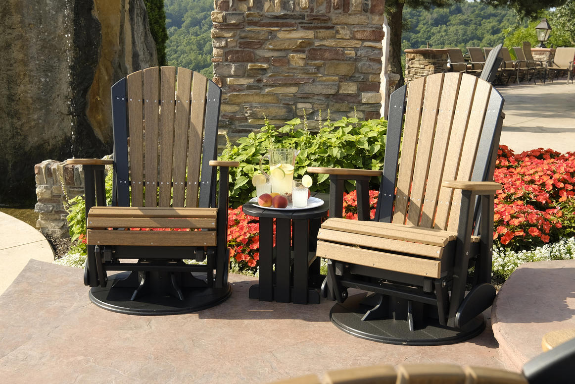 Swivel Adirondack poly gliders in antique mahogany and black