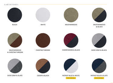 Earthtone color options: Black, White, Weatherwood, Chestnut Brown, Dove Gray, Cedar, and Patriot Blue